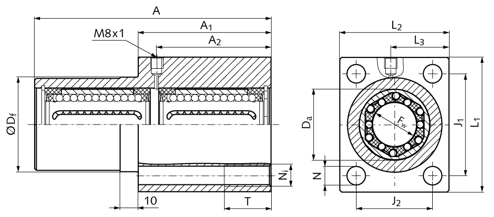 Linear bearing unit KG-3-FT ISO series 3 with self-aligning linear ball bearings with seals for shaft Ø 30mm