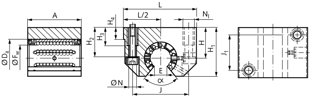 Open linear bearing unit KG-3-O ISO series 3 premium with open linear ball bearing with angular compensation with double rubber seal for shaft Ø 20mm