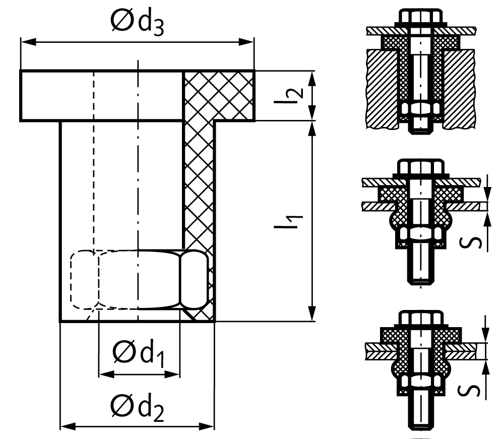 Rubber-Metal fastening element MAED-FLEX material Chloroprene CR 75 +/-5°ShA d2=7mm thread M3