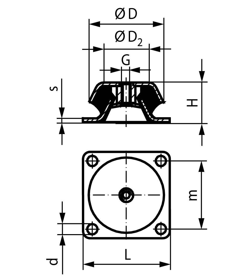 Machine mount failsafe diameter 192mm height 70mm thread M20 square flange
