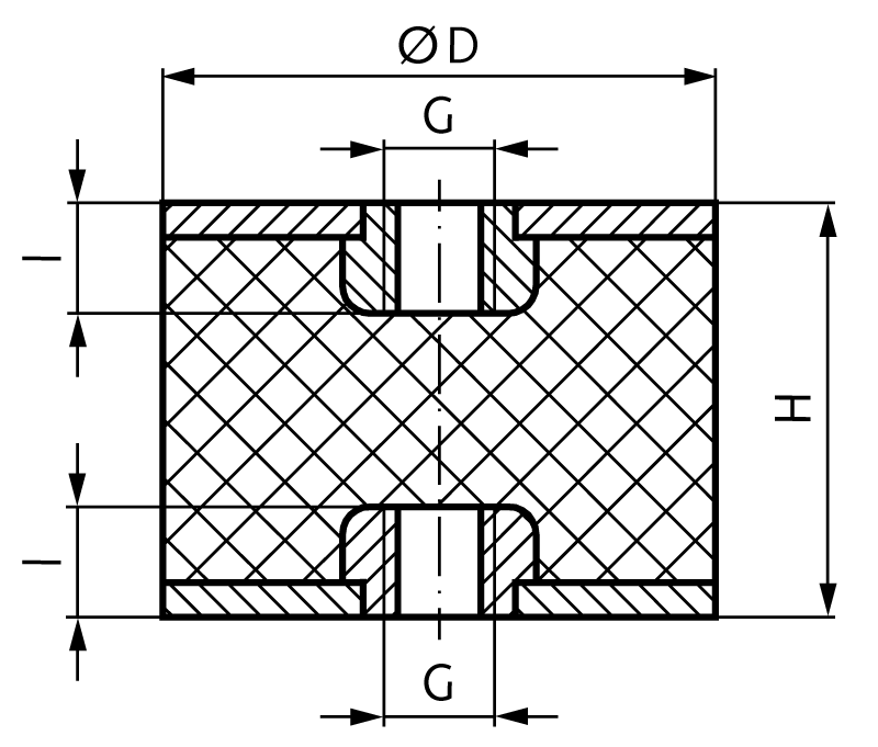 Rubber-metal buffer MGI with internal thread on both sides diameter 75mm height 40mm thread M12 x 12mm stainless steel 1.4301