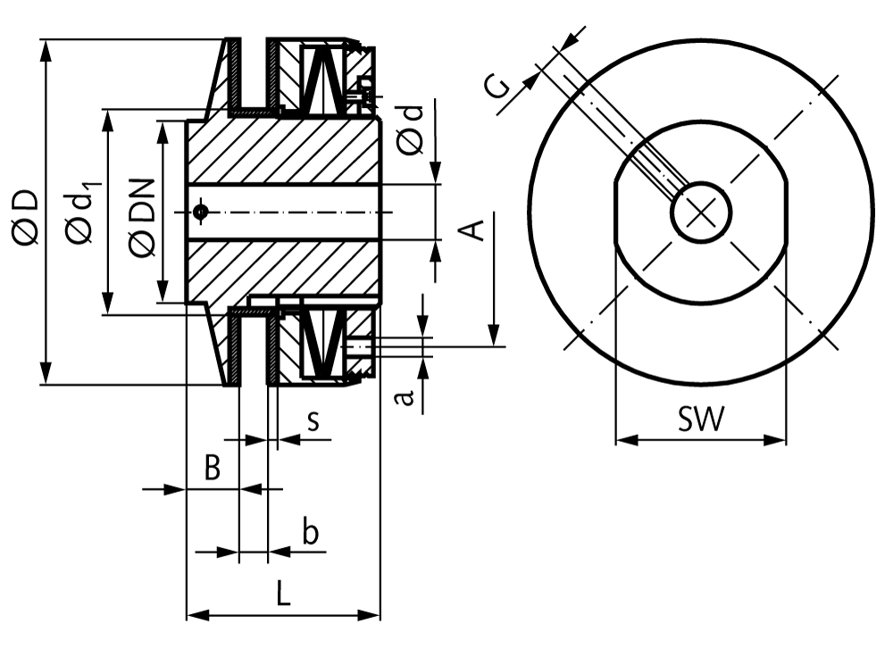 Sliding hub ROBA torque adjustable 50-250 Nm outer diameter 115mm max. bore: 45mm