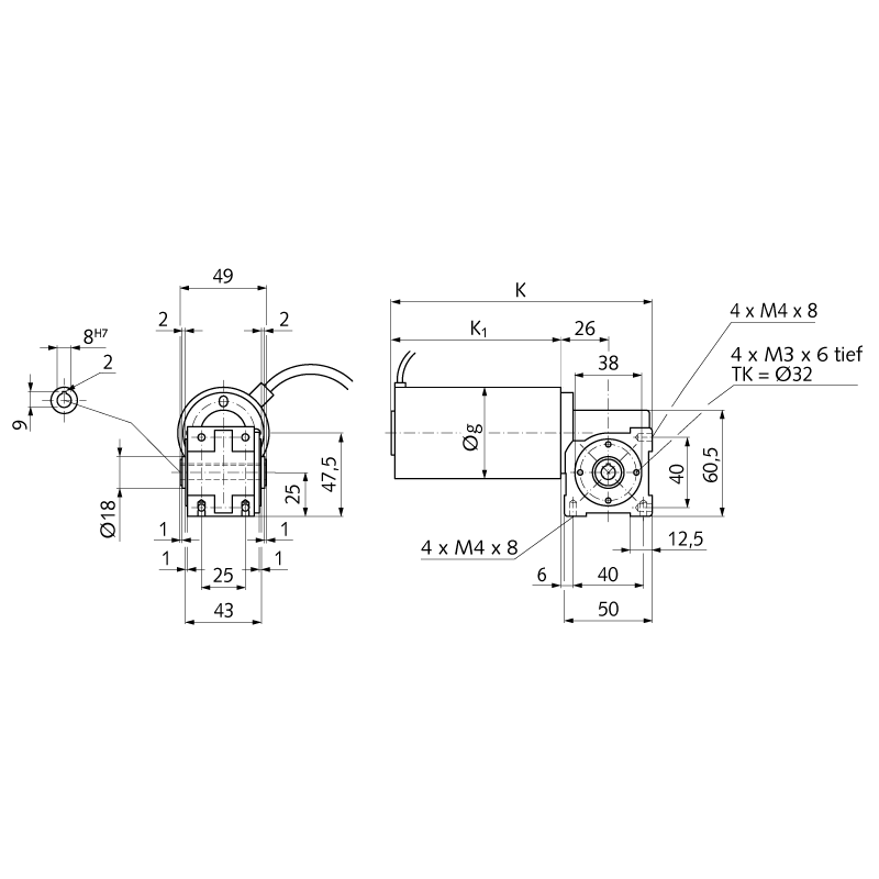 Small worm geared motor SG-H with permament magnet DC motor 24V 28W n2=44/min i=68:1 with hollow shaft