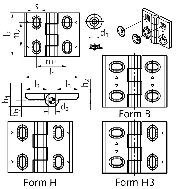 Hinge M127 zinc die casting, adjustable, type HB, 76x60mm