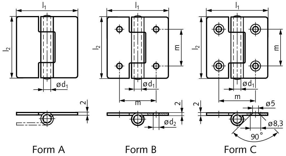 Sheet metal hinge M136 stainless steel 1.4301, type A, 60x60mm