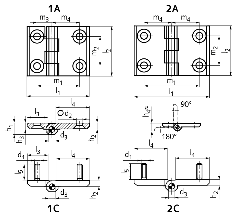 Hinge M237 zinc die casting, type 1A, 90x60mm