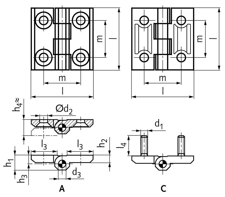 Hinge M237 Zinc die casting, type A, 40x40mm