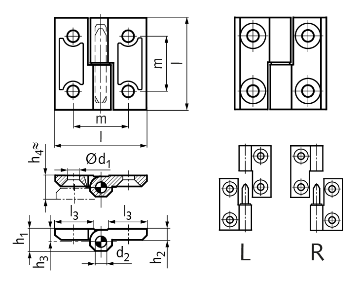 Hinge M337 zinc die casting, detachable, type L, 40x40mm