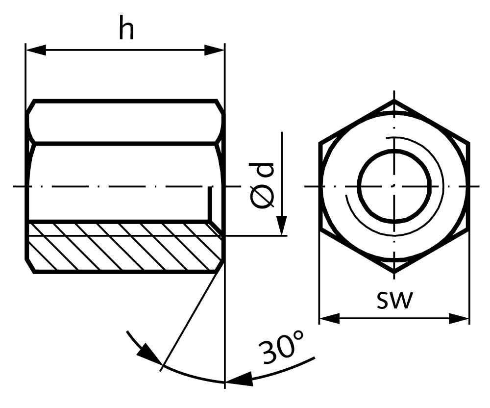 Hexagonal trapezoidal nut steel C35Pb Tr.48 x 8 single-start left length 72mm wrench size 75mm