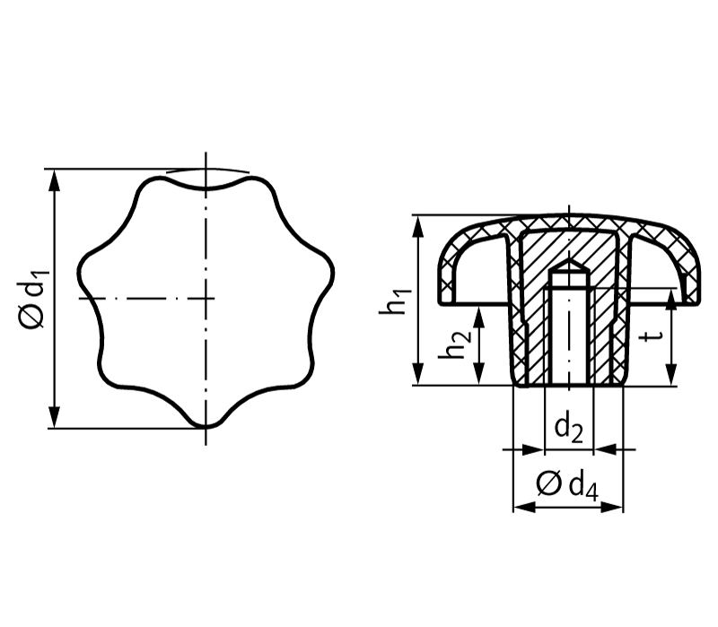 Star knob GV similar DIN 6336 Technopolymer PA6GV ø32 M6