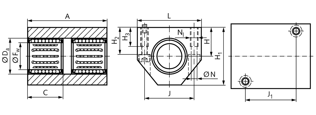 Tandem linear-bearing unit KGT-1 ISO series 1 premium with double rubber seal for shaft diameter 25mm