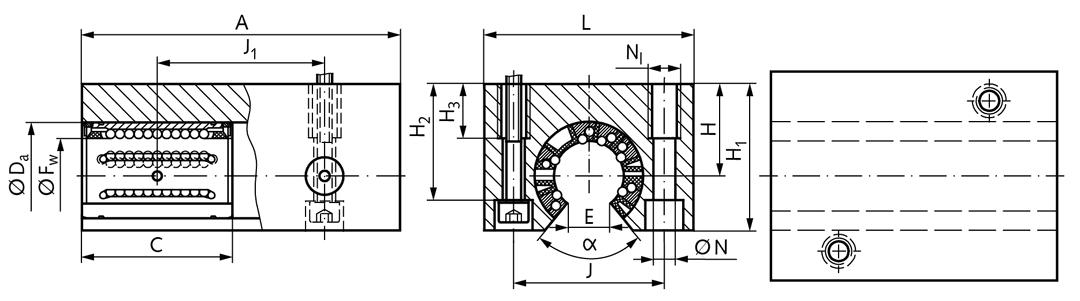 Open Tandem linear-bearing unit KGT-3-O ISO series 3 premium with linear ball bearings with angular compensation with double rubber seal for shaft Ø 40mm