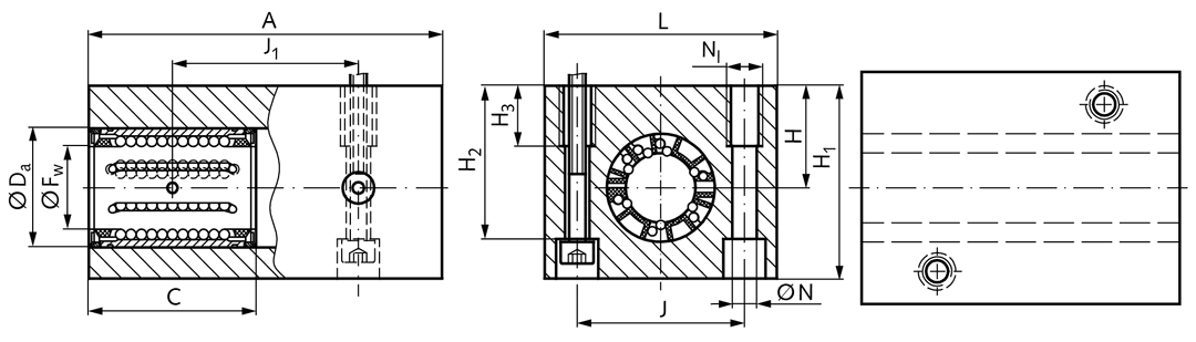 Tandem linear-bearing unit KGT-3 ISO series 3 premium with linear ball bearings with angular compensation with double rubber seal for shaft Ø 16mm
