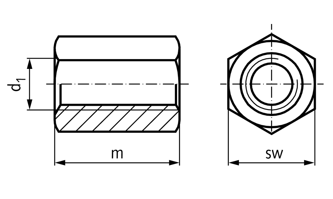Extension nut DIN 6334 steel strength 10 thread M30 right hand height 90mm