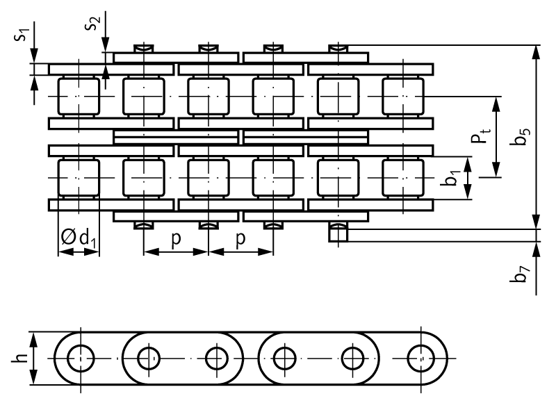Double-strand roller chain DIN ISO 606 16 B-2-GL pitch 1″x17,02mm with straight plates