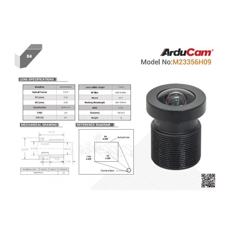 Arducam LN033 90 Degree Wide Angle 1/2.3"" M12 Lens with Lens Adapter for Raspberry Pi High Quality Camera