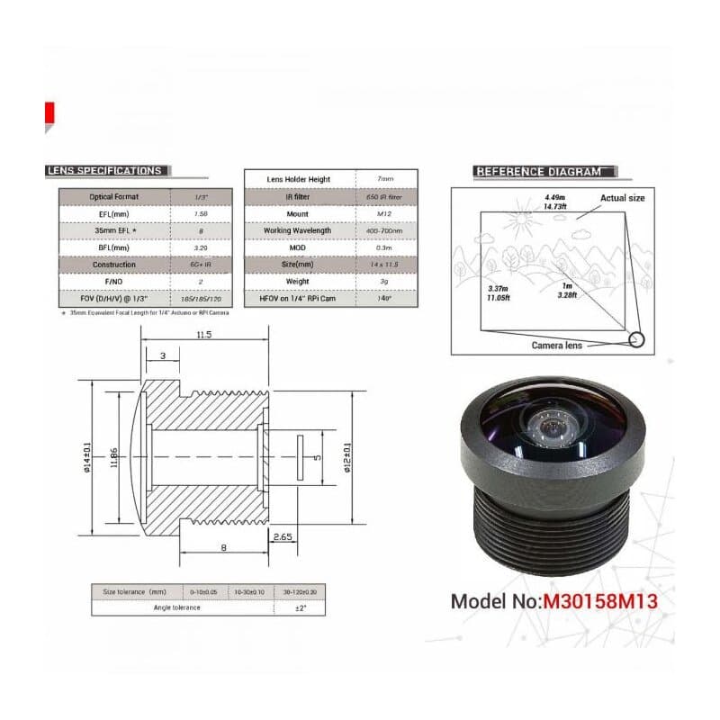 Arducam LN019 1/3"" M12 Mount 1.58mm Focal Length Fisheye Lens M30158M13