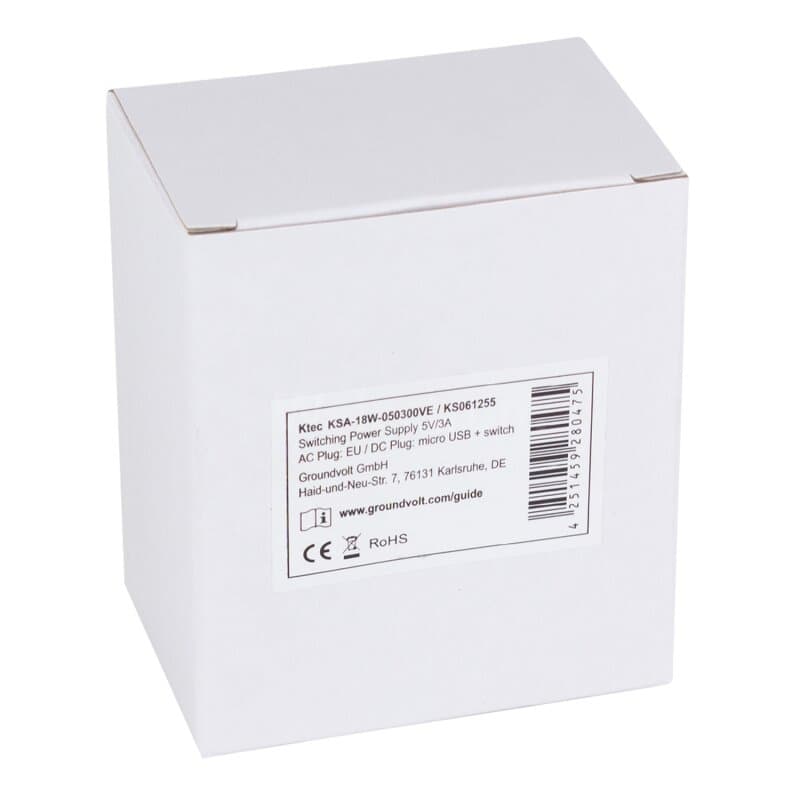 Groundvolt Steckernetzteil 5,1V/3A micro-USB mit Schalter (EU fixed)