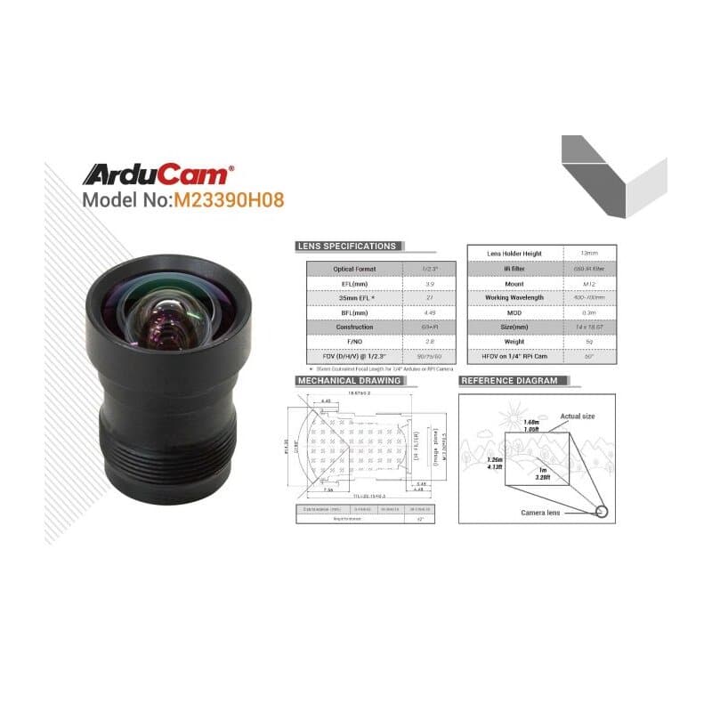 Arducam LN053 75 Degree 1/2.3? M12 Lens with Lens Adapter for Raspberry Pi High Quality Camera