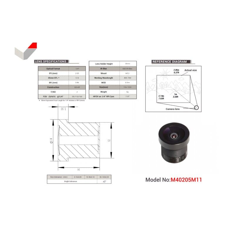 Arducam LN063 1/4? M12 Mount 2.05mm Focal Length Camera Lens M40205M11
