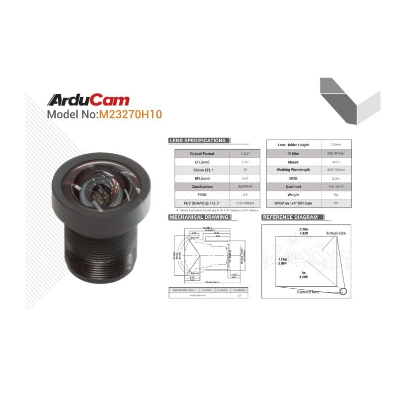 Arducam LN069 100 Degree Low distortion 1/2.3? M12 Lens with Lens Adapter for Raspberry Pi High Quality Camera