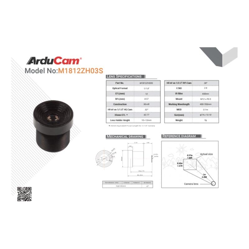 Arducam LN077 1/1.8'' 4K 12mm Low Distortion M12 Lens for OS08A10,OS08A20 and more image sensors with large optical format
