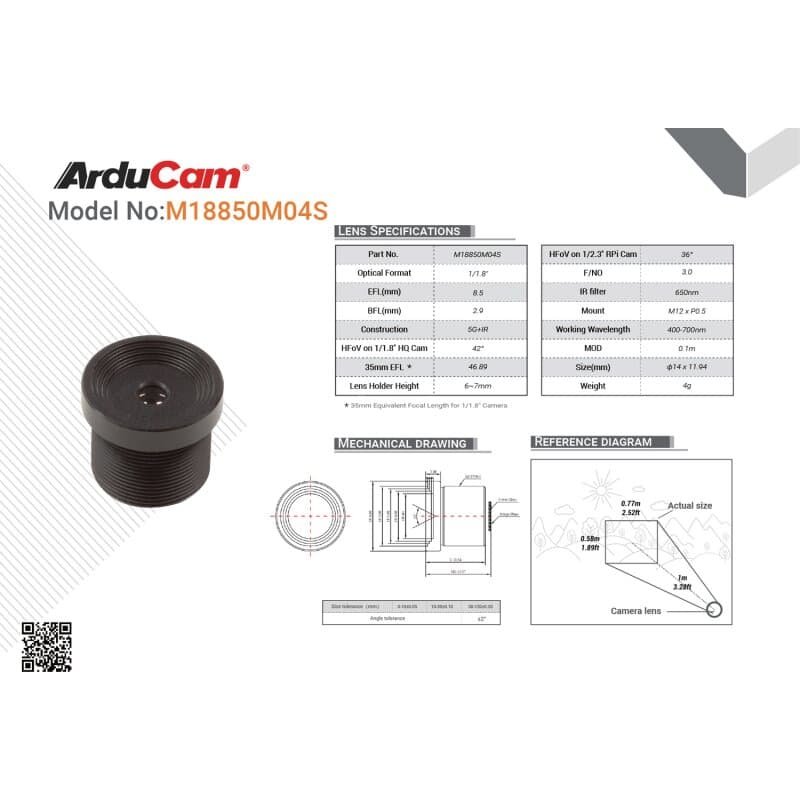 Arducam LN078 1/1.8'' 4K 8.5mm Low Distortion M12 Lens for OS08A10,OS08A20 and more image sensors with large optical format