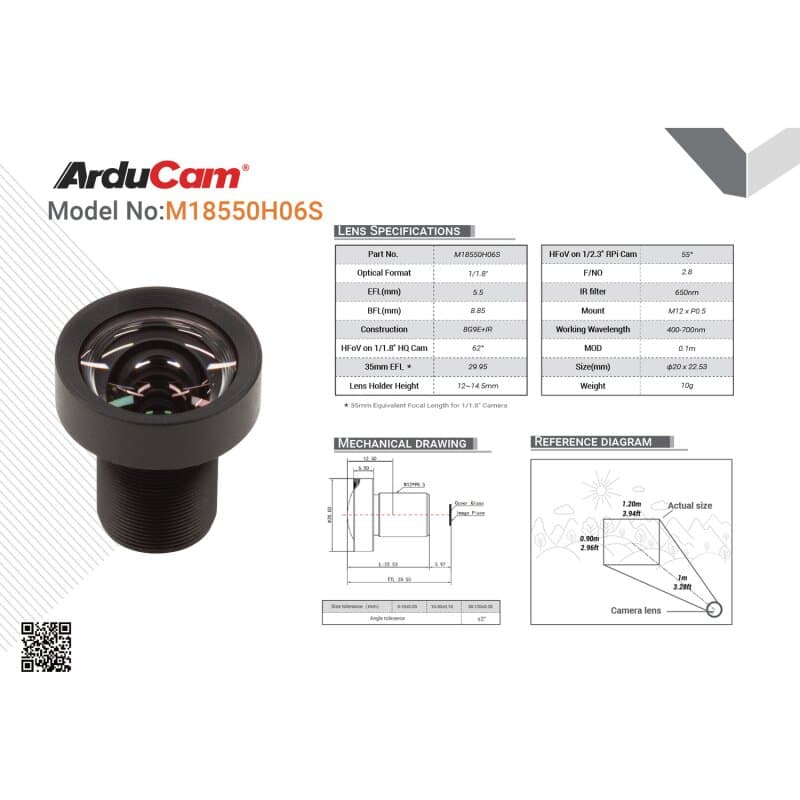 Arducam LN079 1/1.8'' 4K 5.5mm Low Distortion M12 Lens for OS08A10,OS08A20 and more image sensors with large optical format